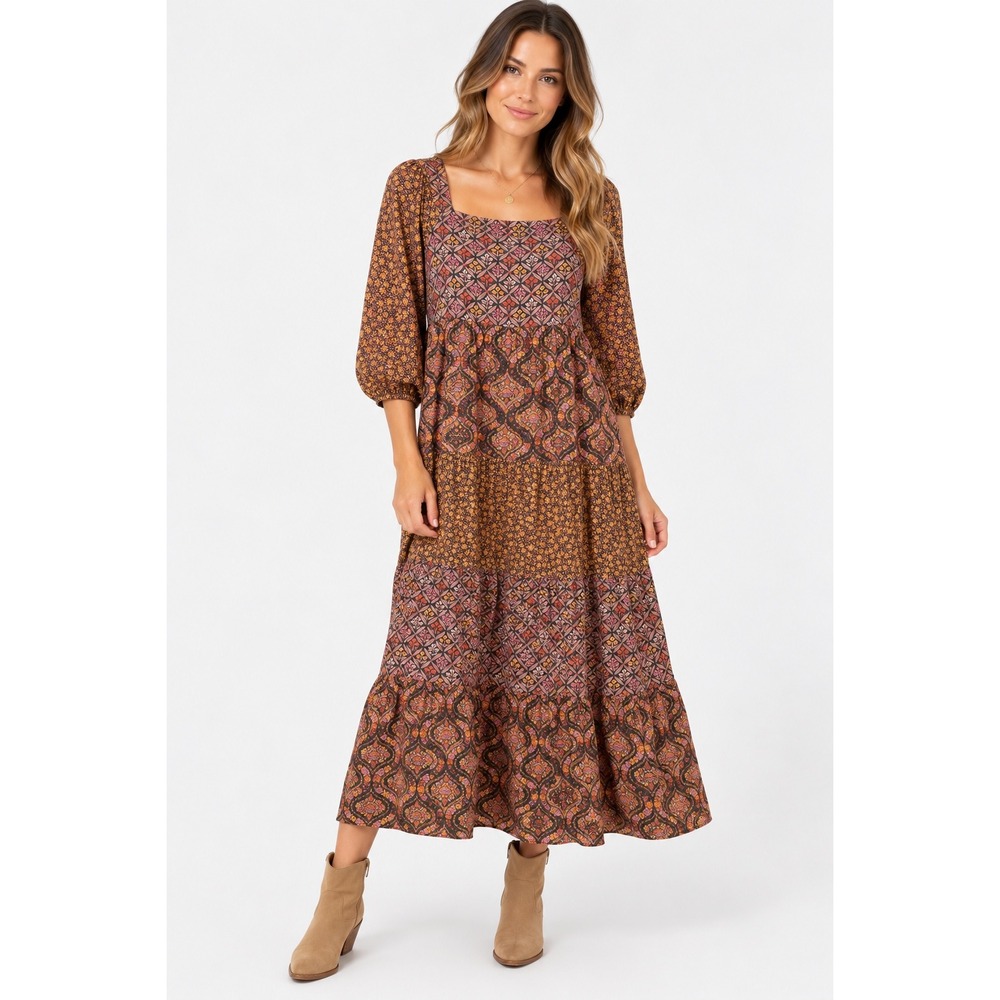Natural Life Mixed Floral Print Tiered Maxi Dress Brown Boho Prairie Womens Med